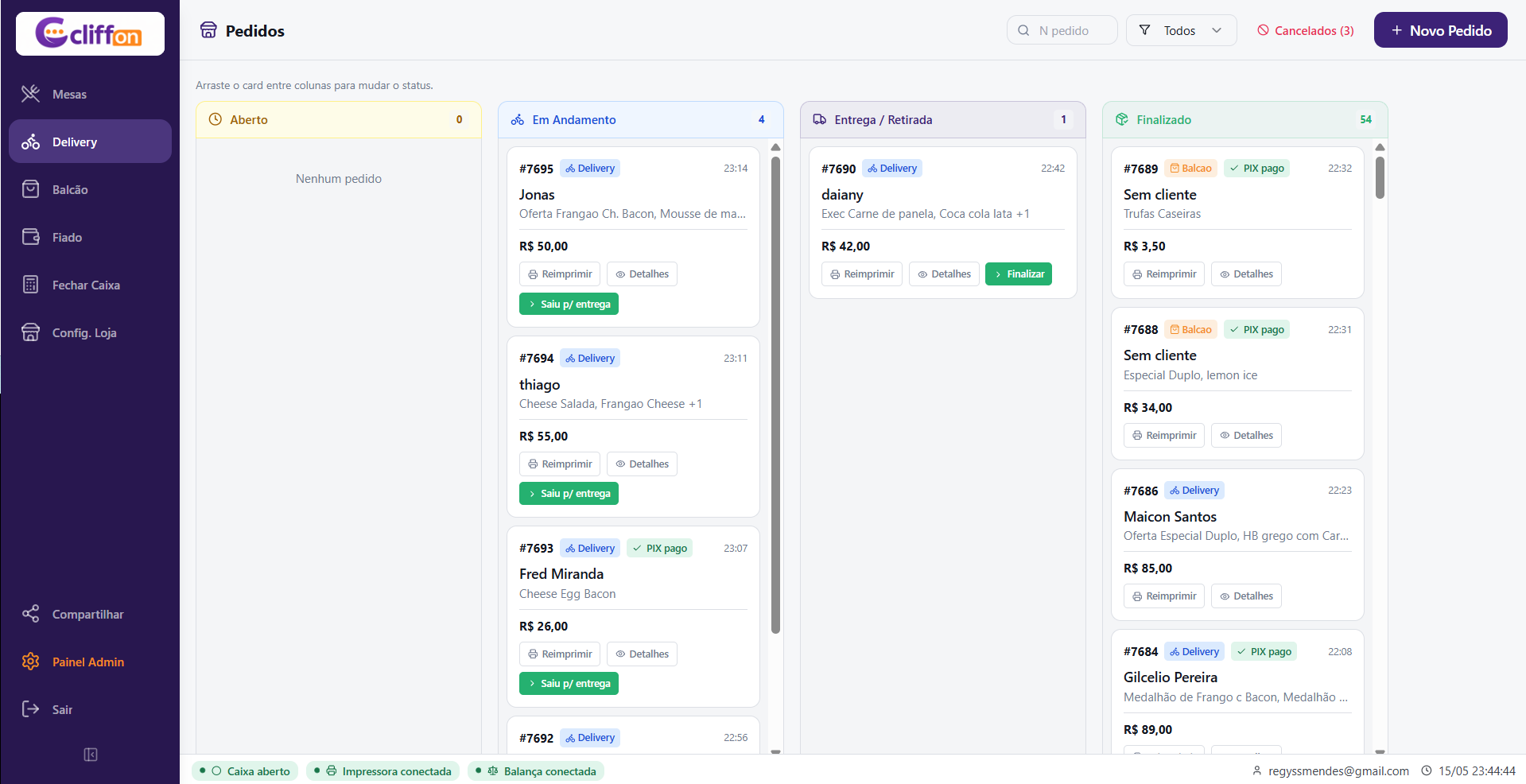 Painel de pedidos delivery no Cliffon com kanban