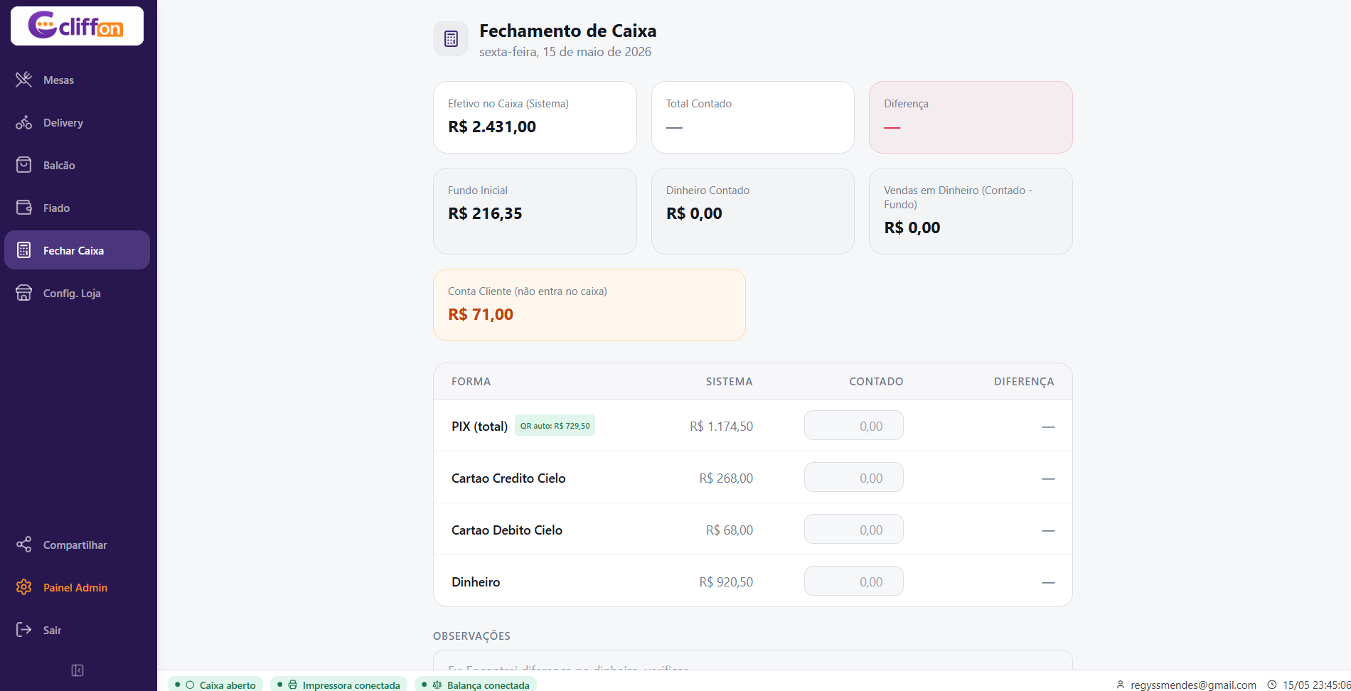 Tela de fechamento de caixa do Cliffon